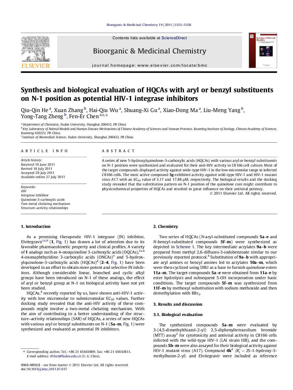 Synthesis and biological evaluation of HQCAs with aryl or benzyl substituents on N-1 position as potential HIV-1 integrase inhibitors