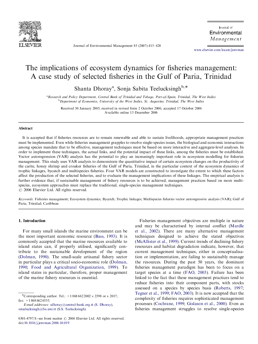 The implications of ecosystem dynamics for fisheries management: A case study of selected fisheries in the Gulf of Paria, Trinidad