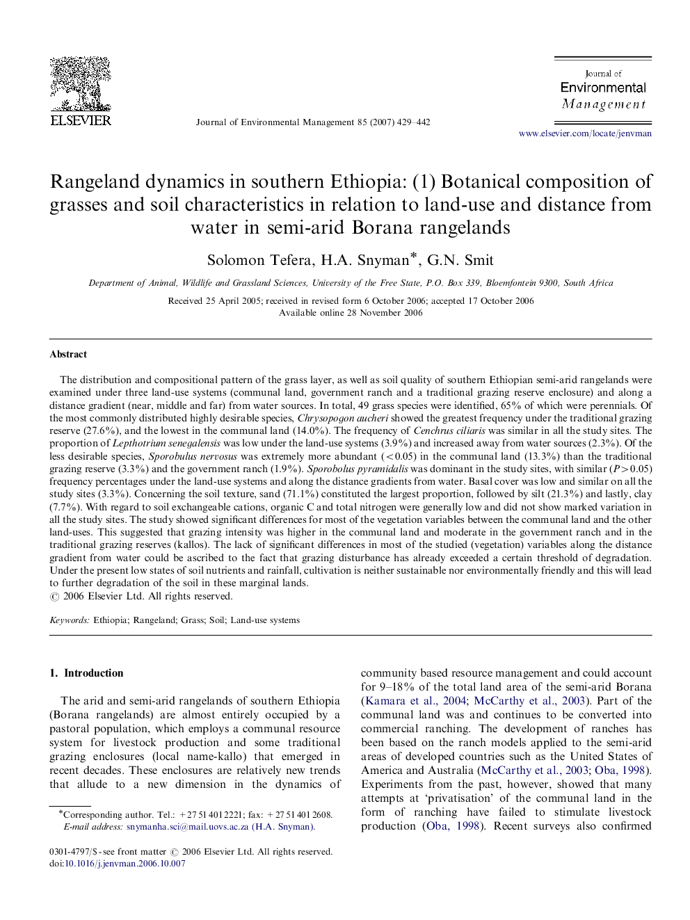 Rangeland dynamics in southern Ethiopia: (1) Botanical composition of grasses and soil characteristics in relation to land-use and distance from water in semi-arid Borana rangelands