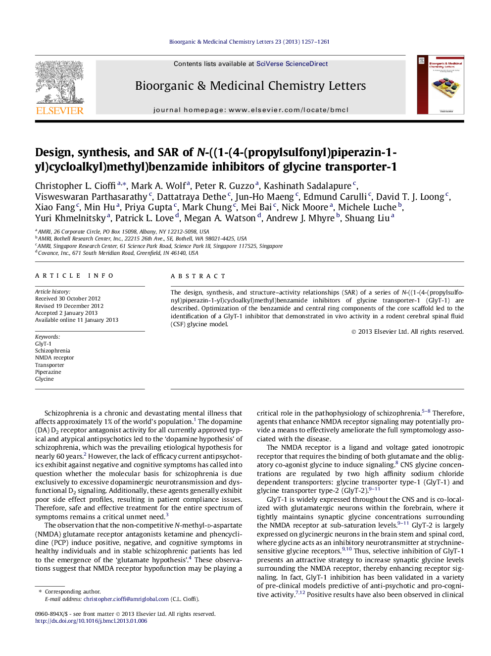 Design, synthesis, and SAR of N-((1-(4-(propylsulfonyl)piperazin-1-yl)cycloalkyl)methyl)benzamide inhibitors of glycine transporter-1