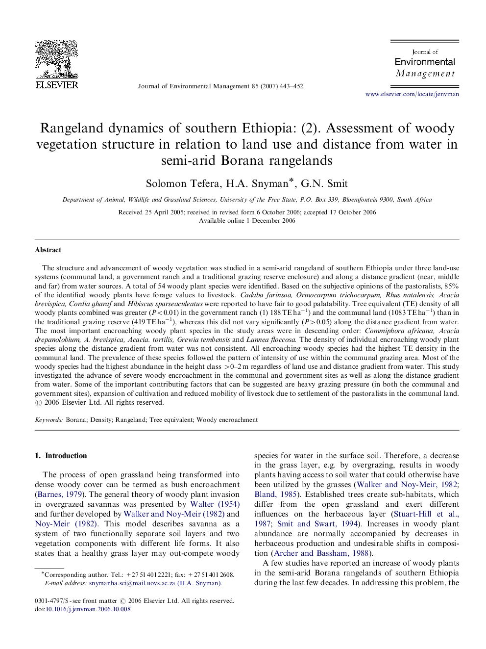 Rangeland dynamics of southern Ethiopia: (2). Assessment of woody vegetation structure in relation to land use and distance from water in semi-arid Borana rangelands