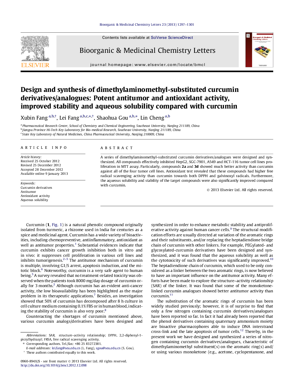 Design and synthesis of dimethylaminomethyl-substituted curcumin derivatives/analogues: Potent antitumor and antioxidant activity, improved stability and aqueous solubility compared with curcumin