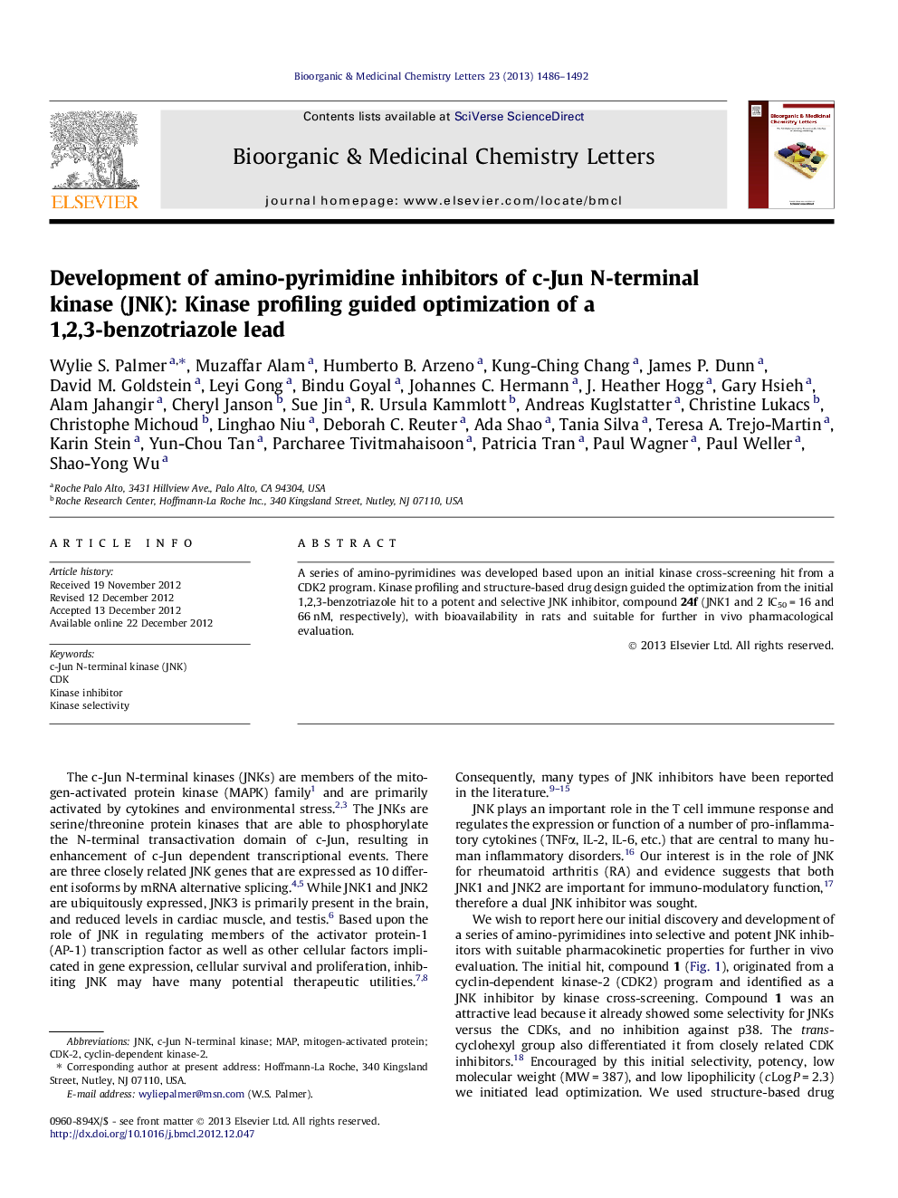 Development of amino-pyrimidine inhibitors of c-Jun N-terminal kinase (JNK): Kinase profiling guided optimization of a 1,2,3-benzotriazole lead