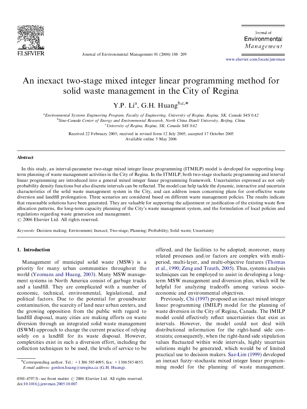 An inexact two-stage mixed integer linear programming method for solid waste management in the City of Regina