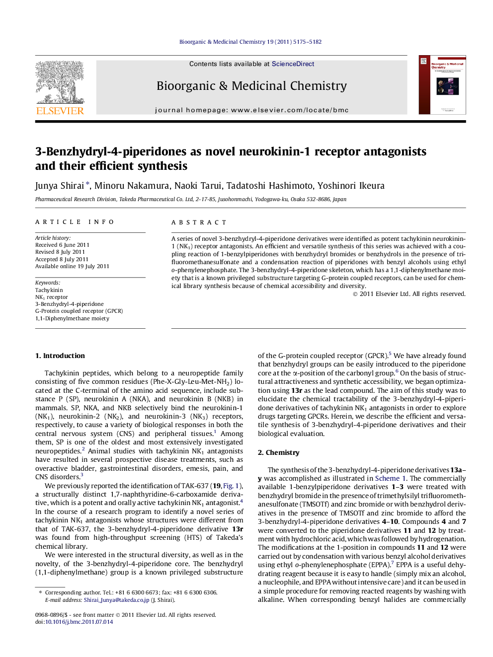 عکس صفحه اول مقاله: RETRACTED: 3-Benzhydryl-4-piperidones as novel neurokinin-1 receptor antagonists and their efficient synthesis RETRACTED: 3-Benzhydryl-4-piperidones as novel neurokinin-1 receptor antagonists and their efficient synthesis