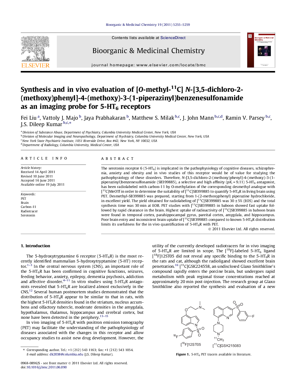 Synthesis and in vivo evaluation of [O-methyl-11C] N-[3,5-dichloro-2-(methoxy)phenyl]-4-(methoxy)-3-(1-piperazinyl)benzenesulfonamide as an imaging probe for 5-HT6 receptors