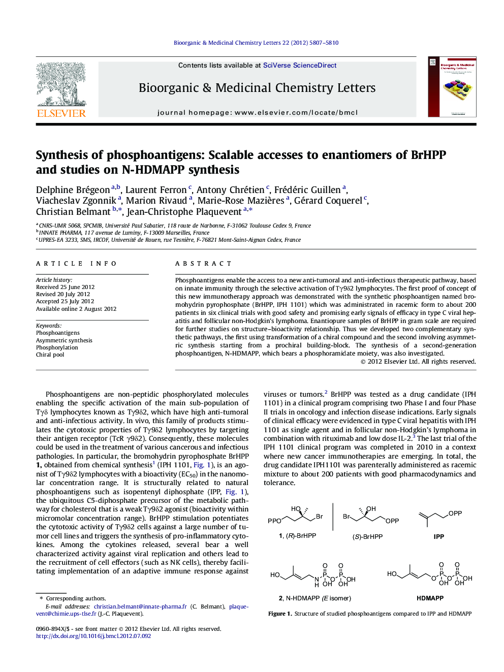 Synthesis of phosphoantigens: Scalable accesses to enantiomers of BrHPP and studies on N-HDMAPP synthesis