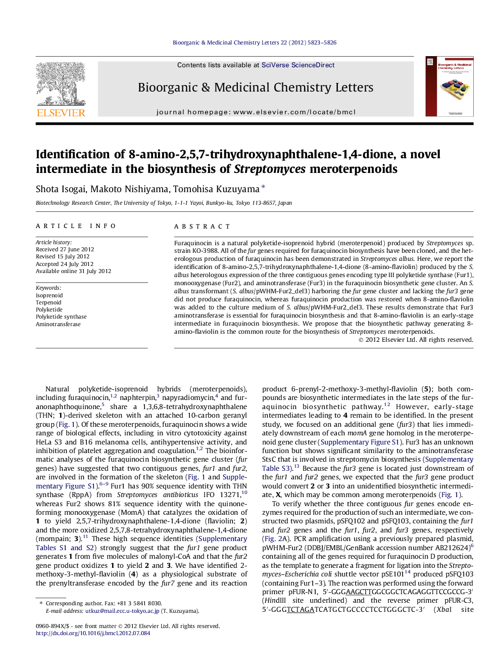 Identification of 8-amino-2,5,7-trihydroxynaphthalene-1,4-dione, a novel intermediate in the biosynthesis of Streptomyces meroterpenoids