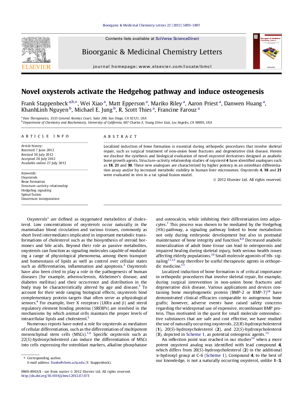 Novel oxysterols activate the Hedgehog pathway and induce osteogenesis