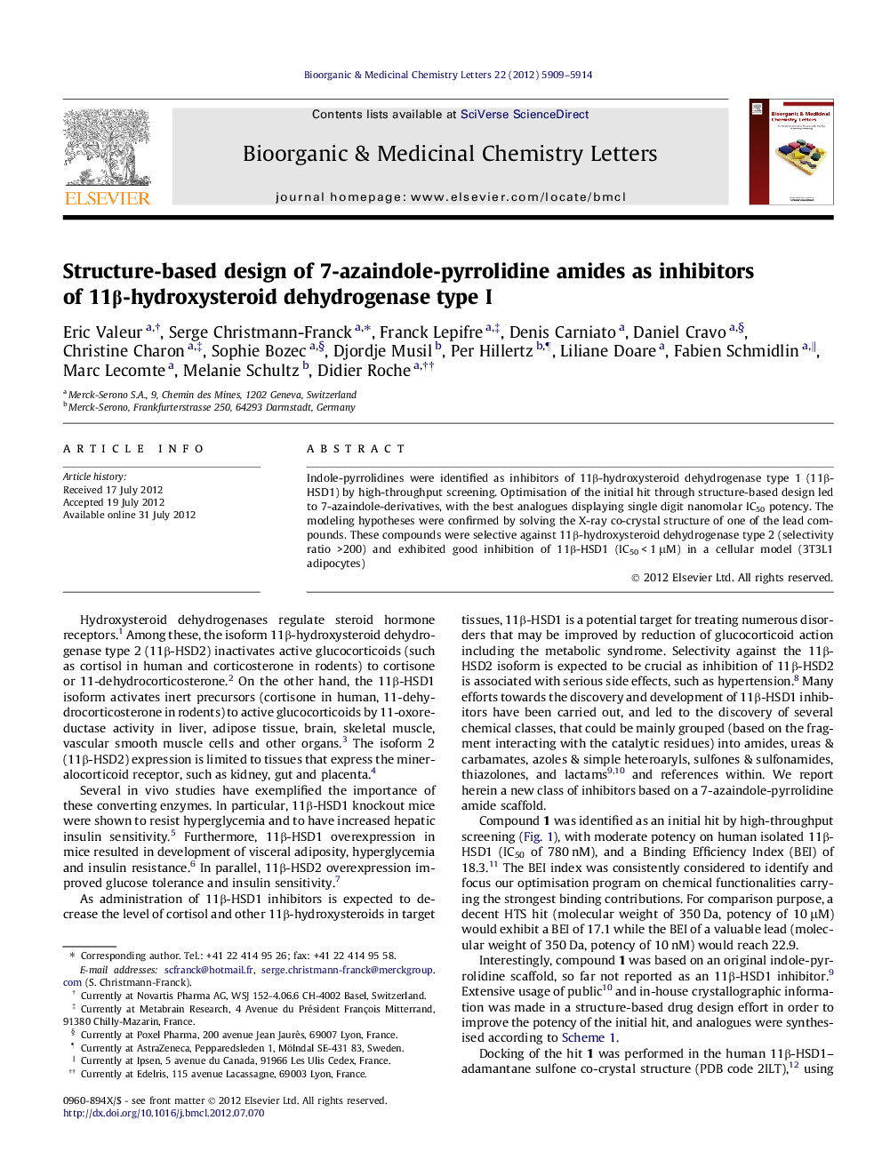 Structure-based design of 7-azaindole-pyrrolidine amides as inhibitors of 11Î²-hydroxysteroid dehydrogenase type I