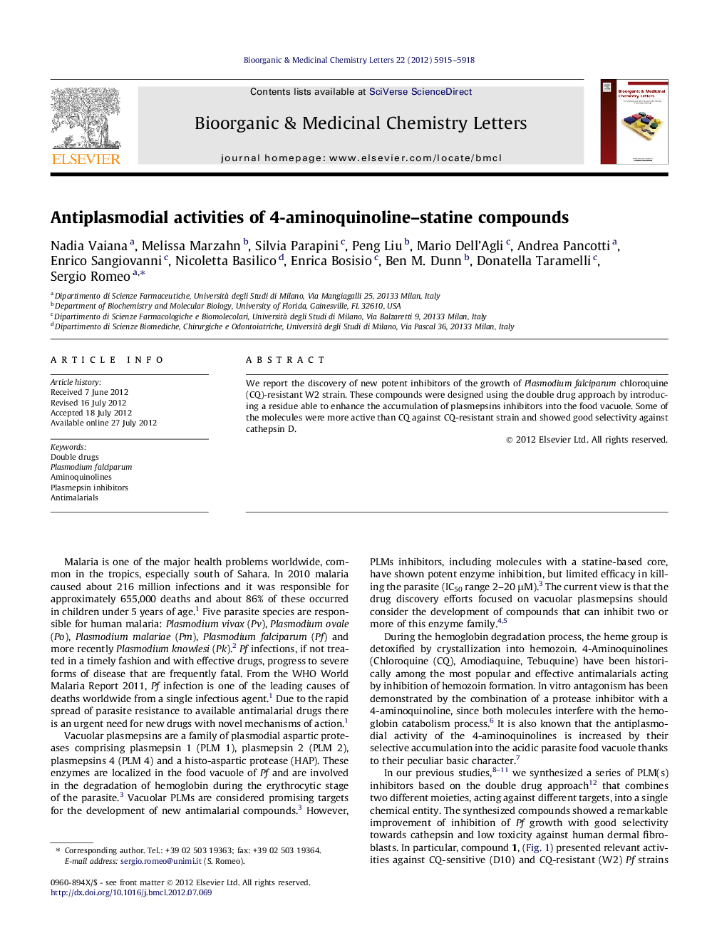 Antiplasmodial activities of 4-aminoquinoline-statine compounds