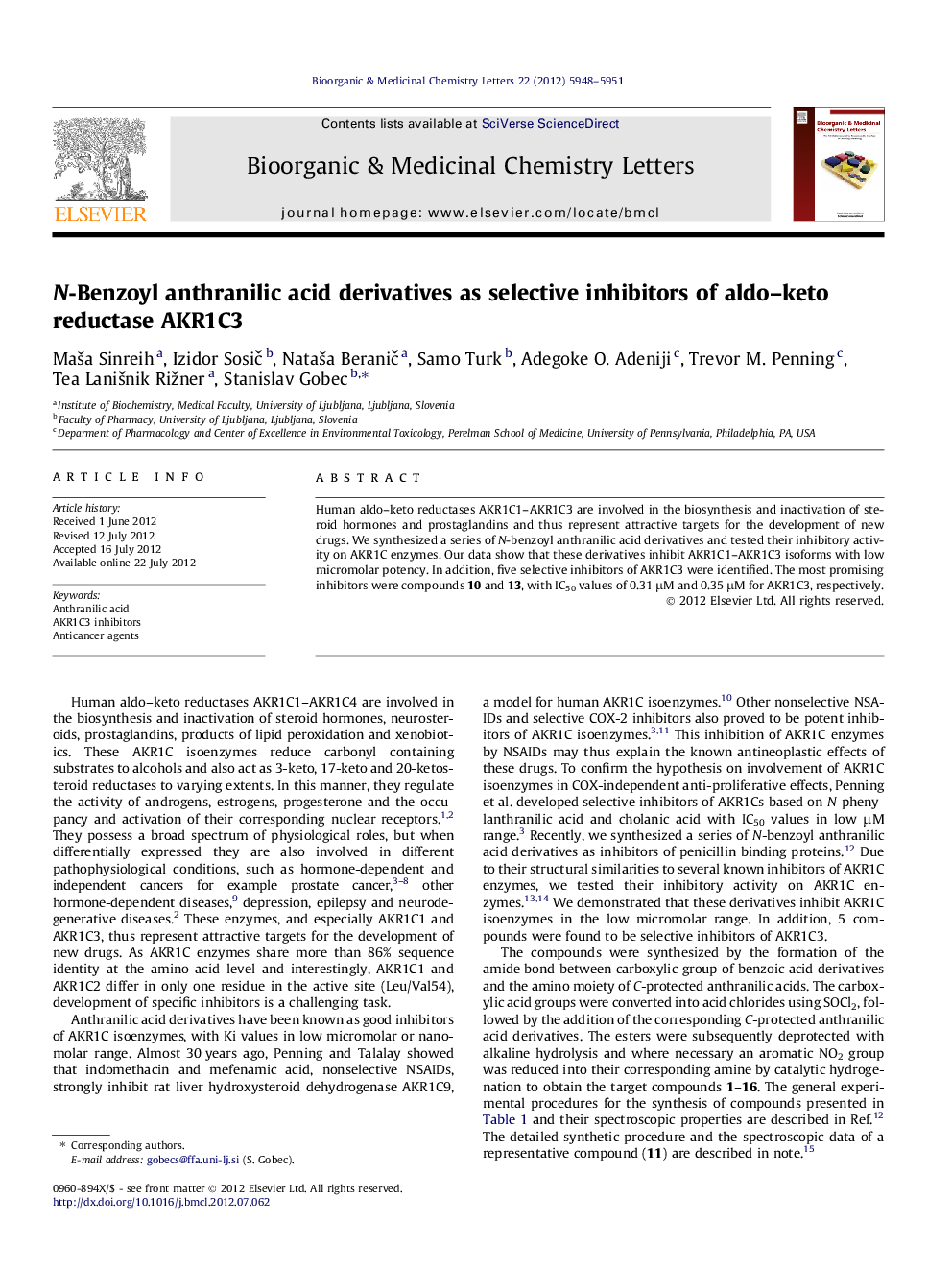 N-Benzoyl anthranilic acid derivatives as selective inhibitors of aldo-keto reductase AKR1C3