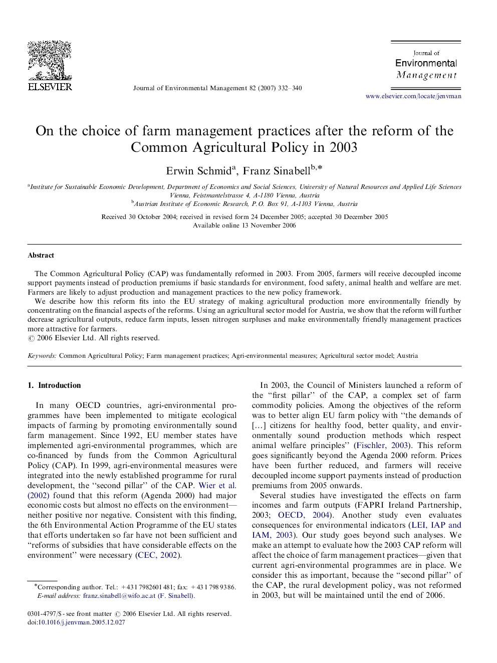 On the choice of farm management practices after the reform of the Common Agricultural Policy in 2003