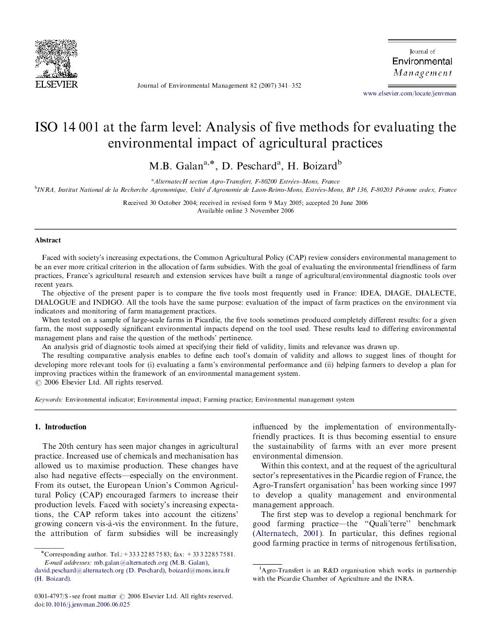 ISO 14 001 at the farm level: Analysis of five methods for evaluating the environmental impact of agricultural practices