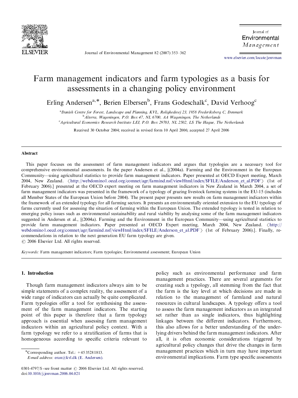 Farm management indicators and farm typologies as a basis for assessments in a changing policy environment