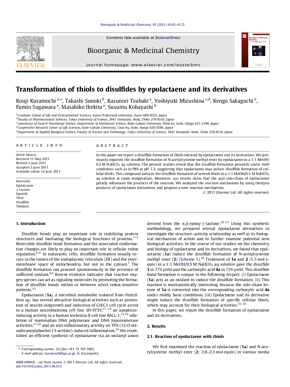 Transformation of thiols to disulfides by epolactaene and its derivatives