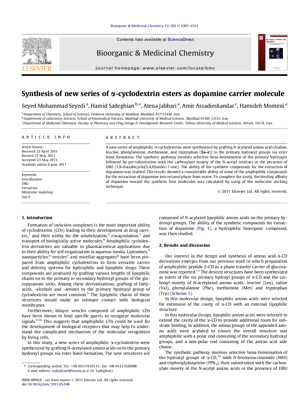 Synthesis of new series of Î±-cyclodextrin esters as dopamine carrier molecule