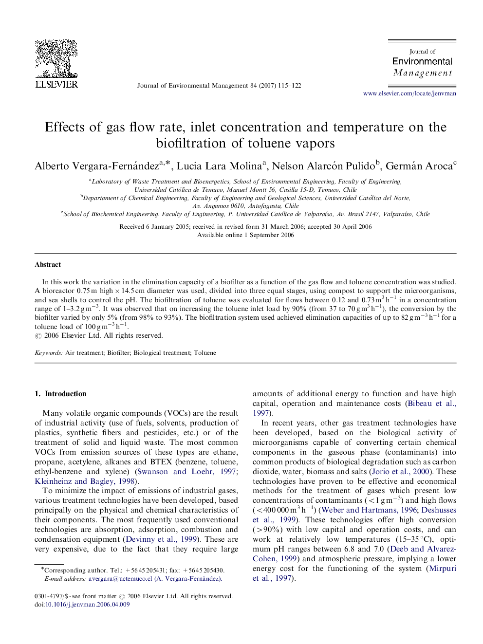 Effects of gas flow rate, inlet concentration and temperature on the biofiltration of toluene vapors