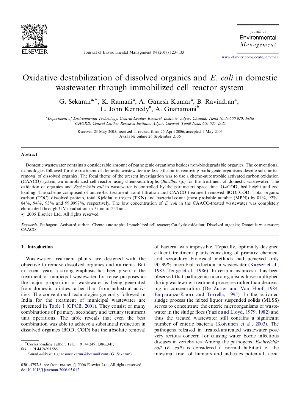 Oxidative destabilization of dissolved organics and E. coli in domestic wastewater through immobilized cell reactor system