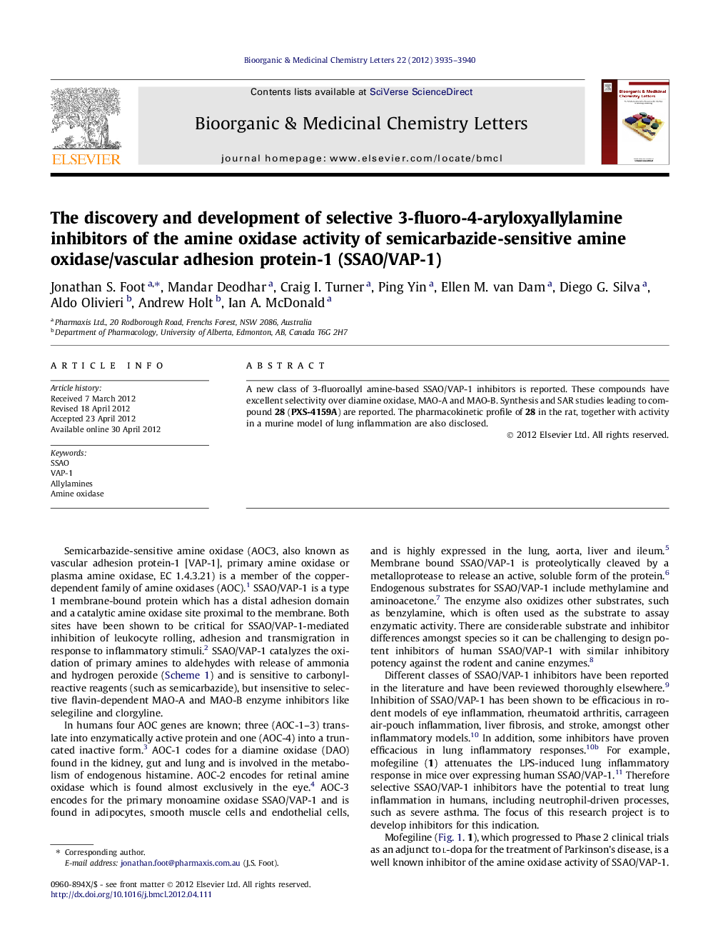 عکس صفحه اول مقاله: The discovery and development of selective 3-fluoro-4-aryloxyallylamine inhibitors of the amine oxidase activity of semicarbazide-sensitive amine oxidase/vascular adhesion protein-1 (SSAO/VAP-1) The discovery and development of selective 3-fluoro-4-aryloxyallylamine inhibitors of the amine oxidase activity of semicarbazide-sensitive amine oxidase/vascular adhesion protein-1 (SSAO/VAP-1)
