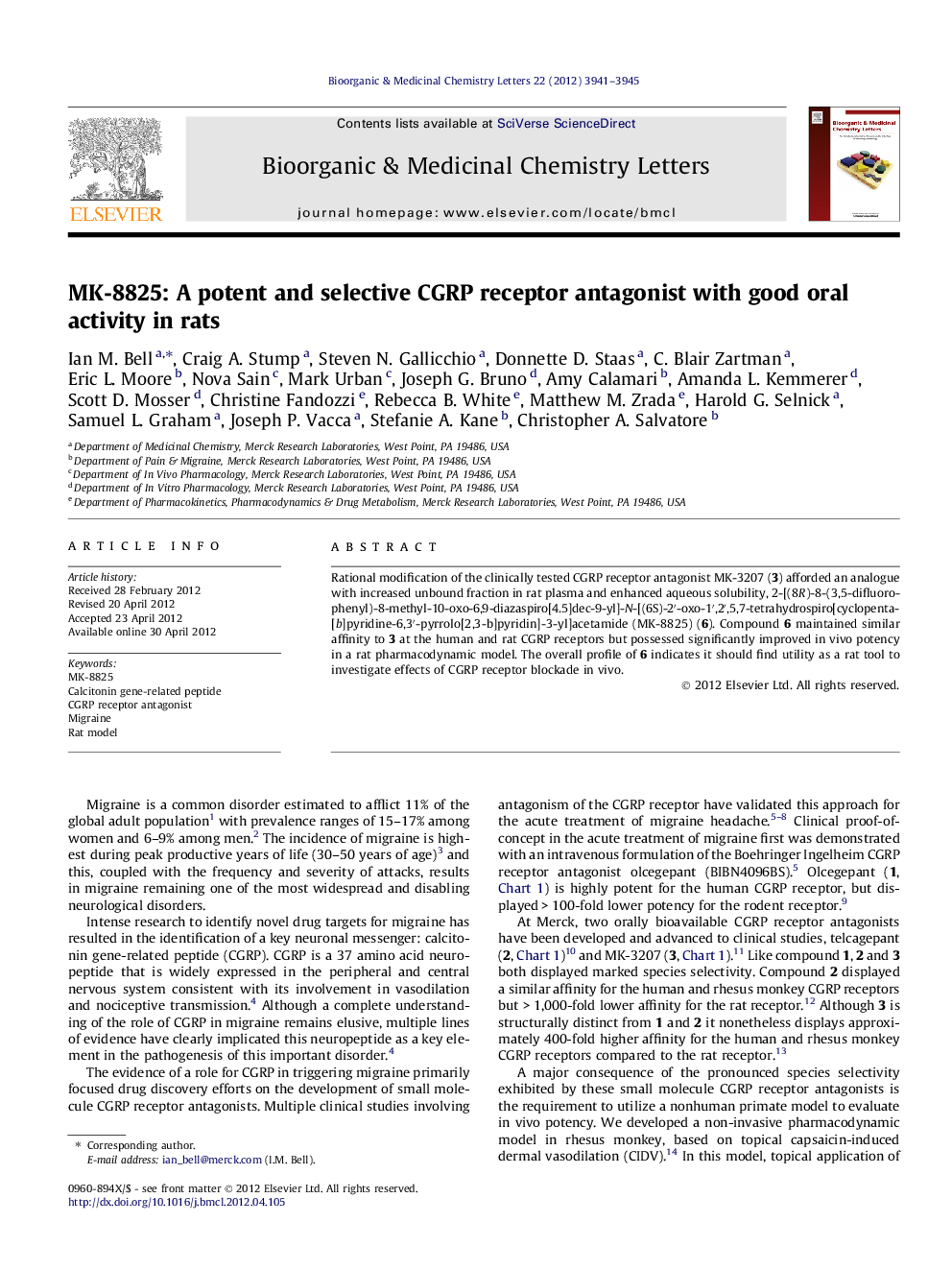 MK-8825: A potent and selective CGRP receptor antagonist with good oral activity in rats