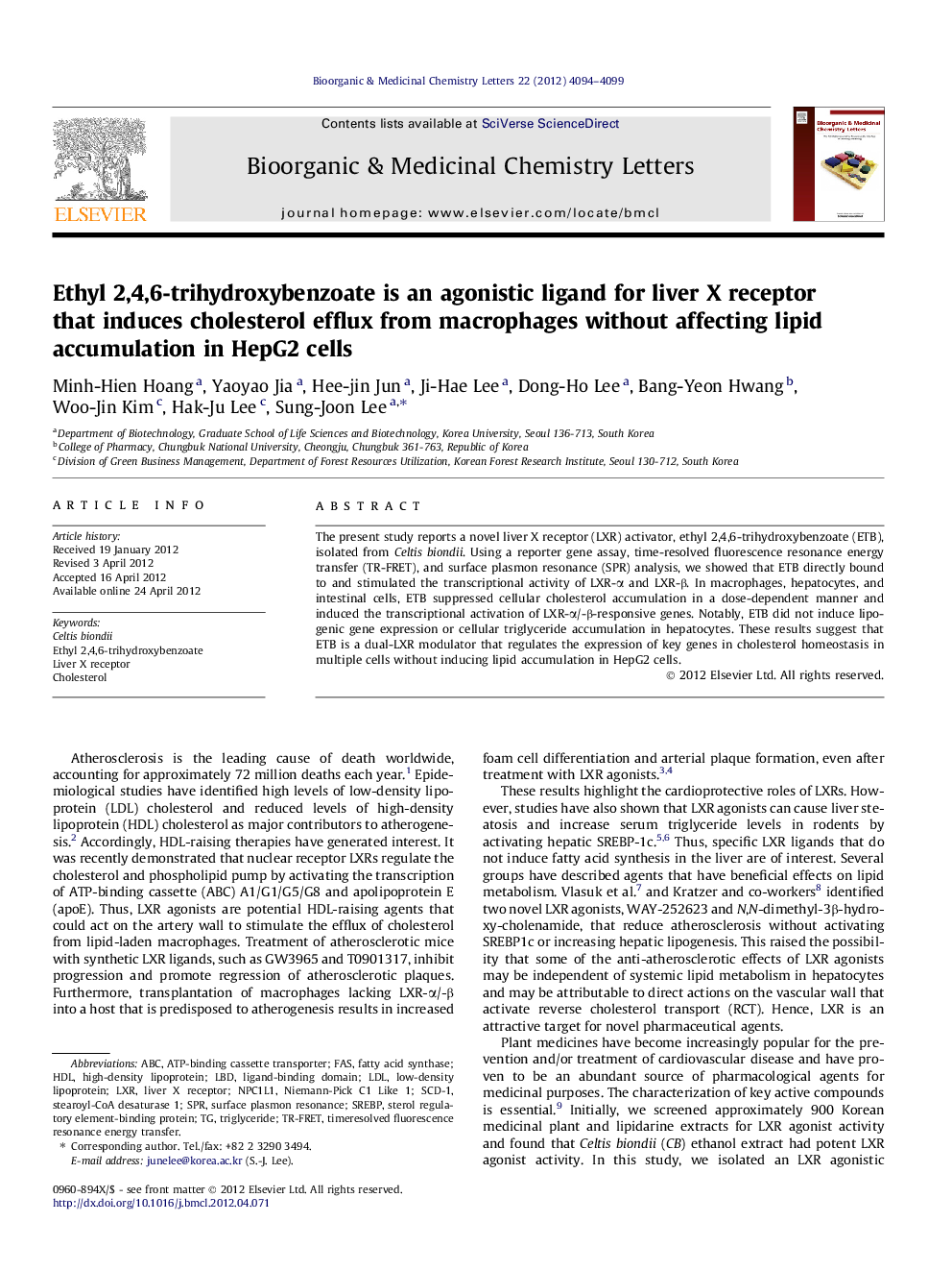 Ethyl 2,4,6-trihydroxybenzoate is an agonistic ligand for liver X receptor that induces cholesterol efflux from macrophages without affecting lipid accumulation in HepG2 cells