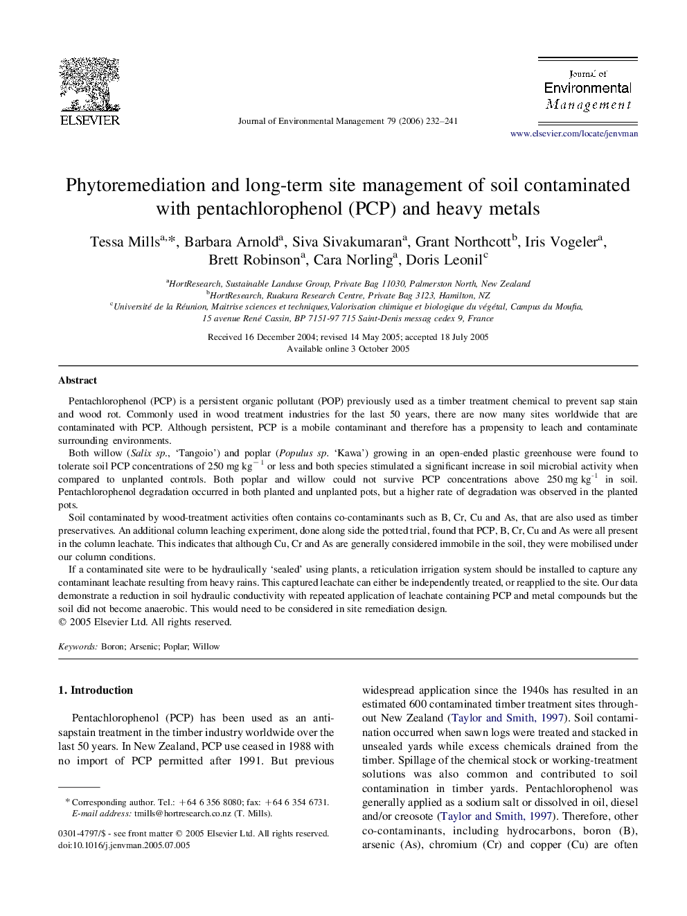 Phytoremediation and long-term site management of soil contaminated with pentachlorophenol (PCP) and heavy metals