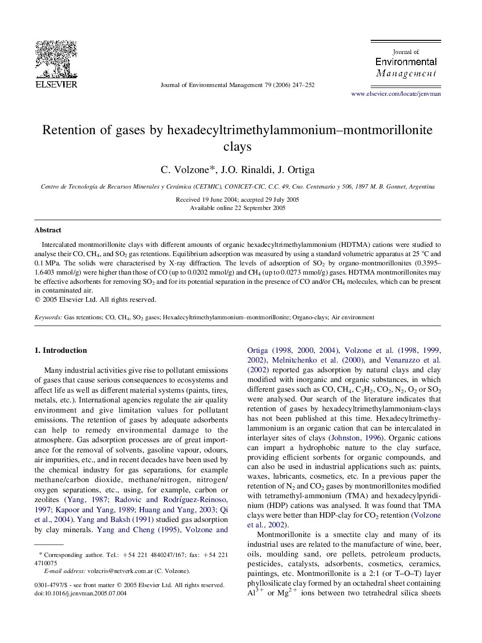 Retention of gases by hexadecyltrimethylammonium–montmorillonite clays