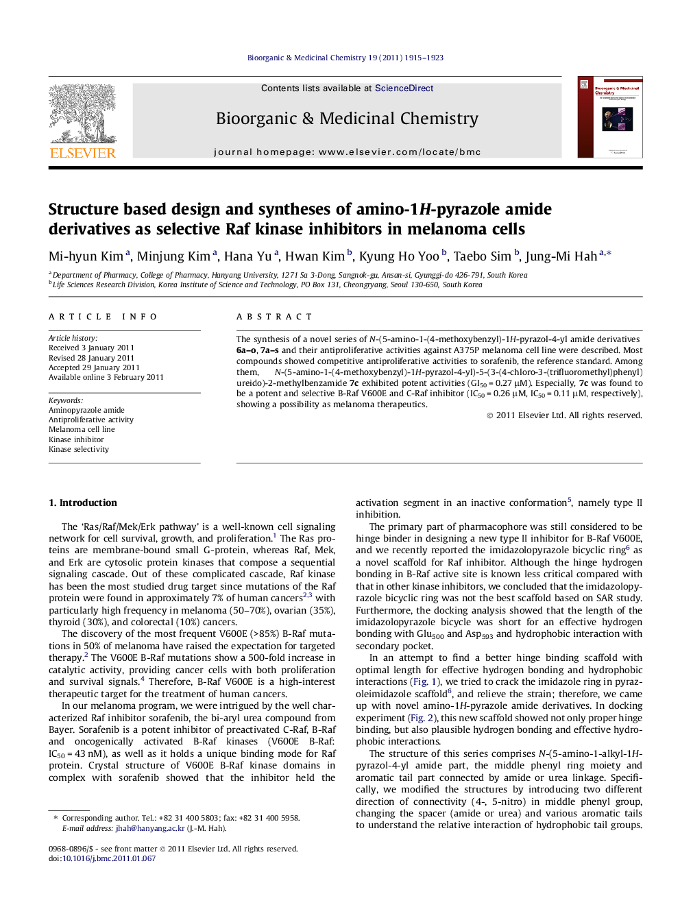 Structure based design and syntheses of amino-1H-pyrazole amide derivatives as selective Raf kinase inhibitors in melanoma cells