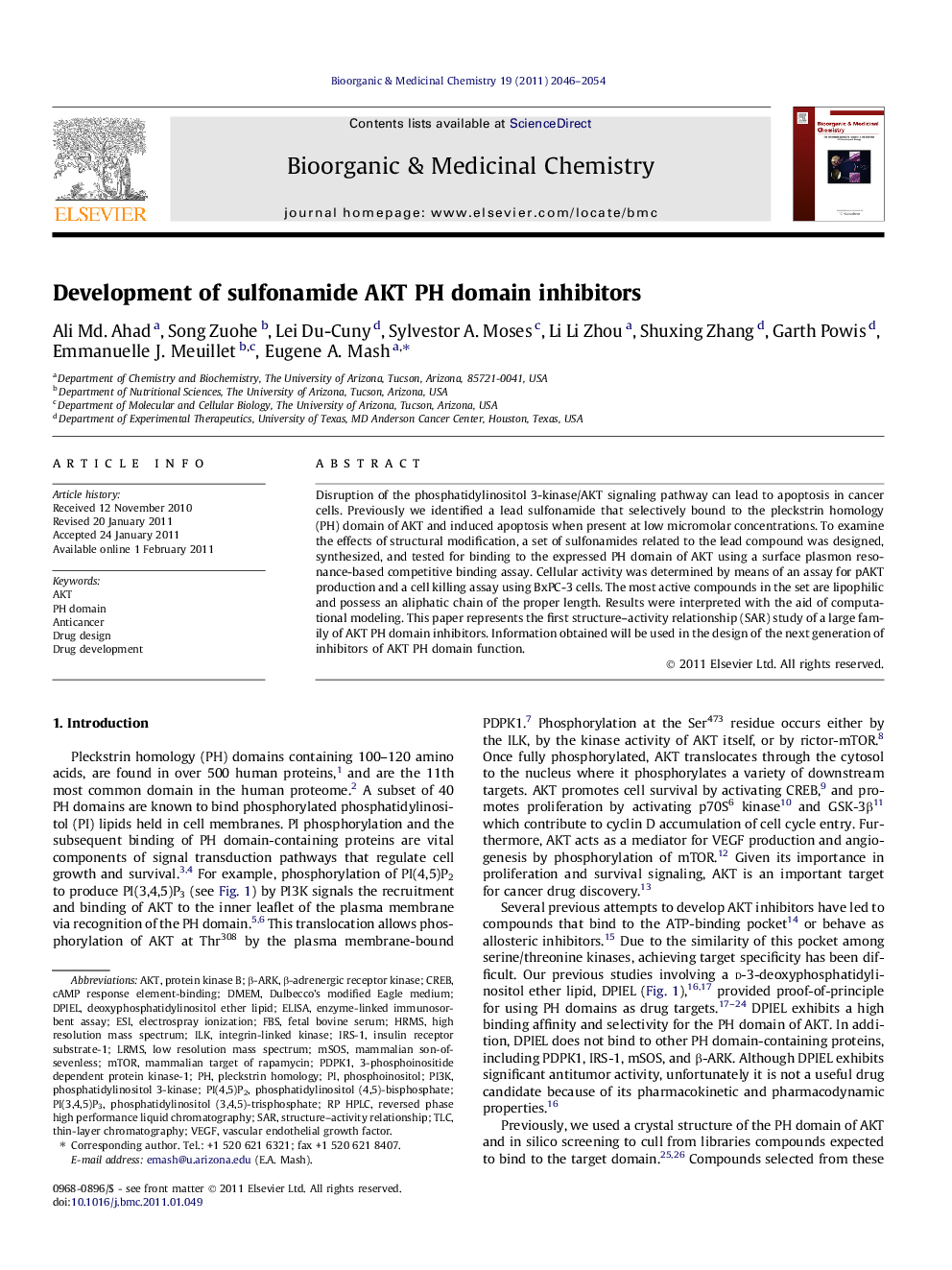 Development of sulfonamide AKT PH domain inhibitors