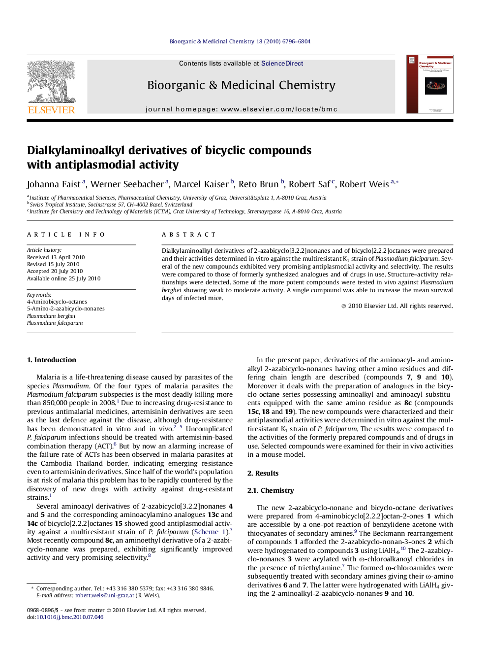 عکس صفحه اول مقاله: Dialkylaminoalkyl derivatives of bicyclic compounds with antiplasmodial activity Dialkylaminoalkyl derivatives of bicyclic compounds with antiplasmodial activity