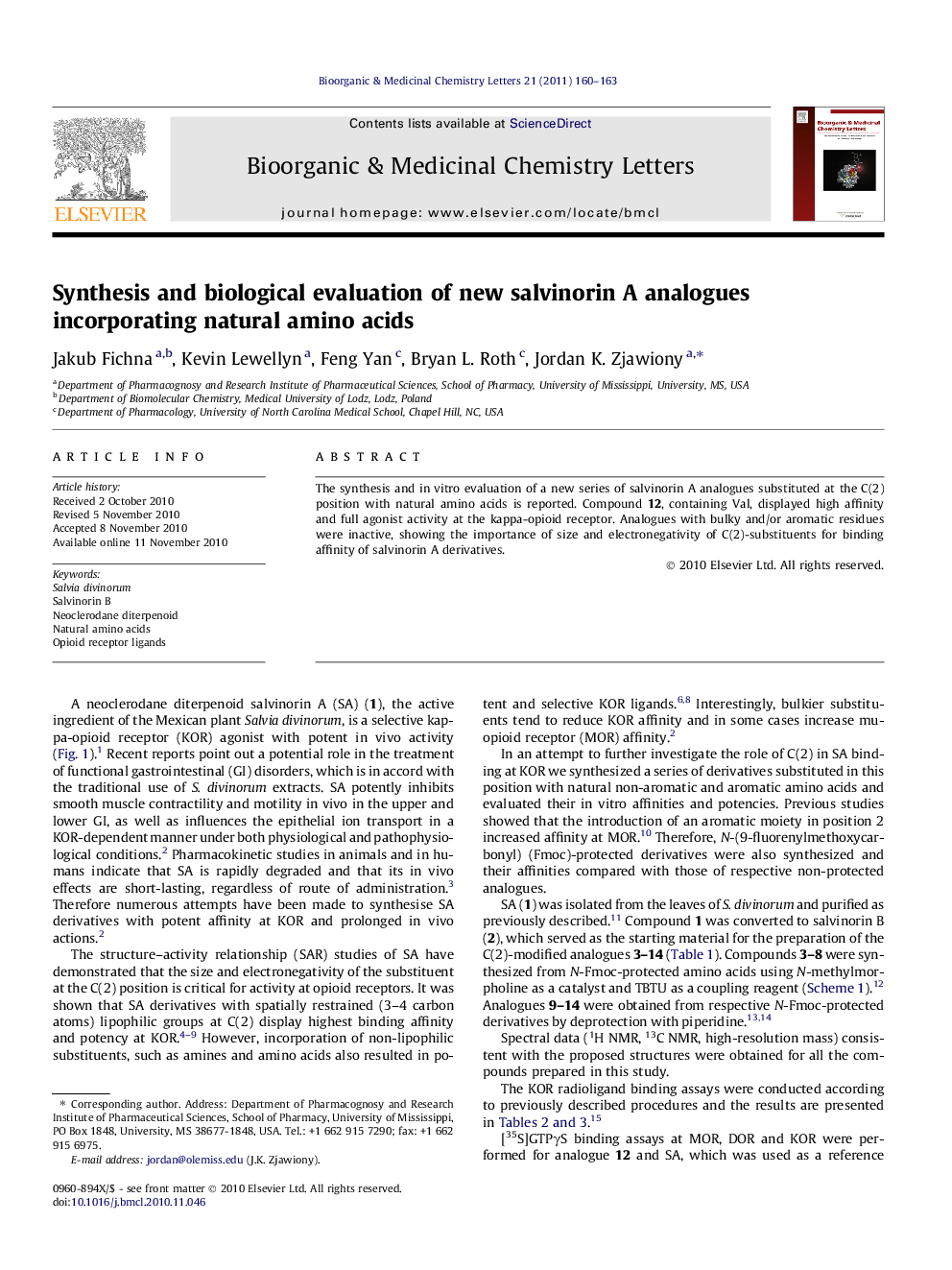 Synthesis and biological evaluation of new salvinorin A analogues incorporating natural amino acids