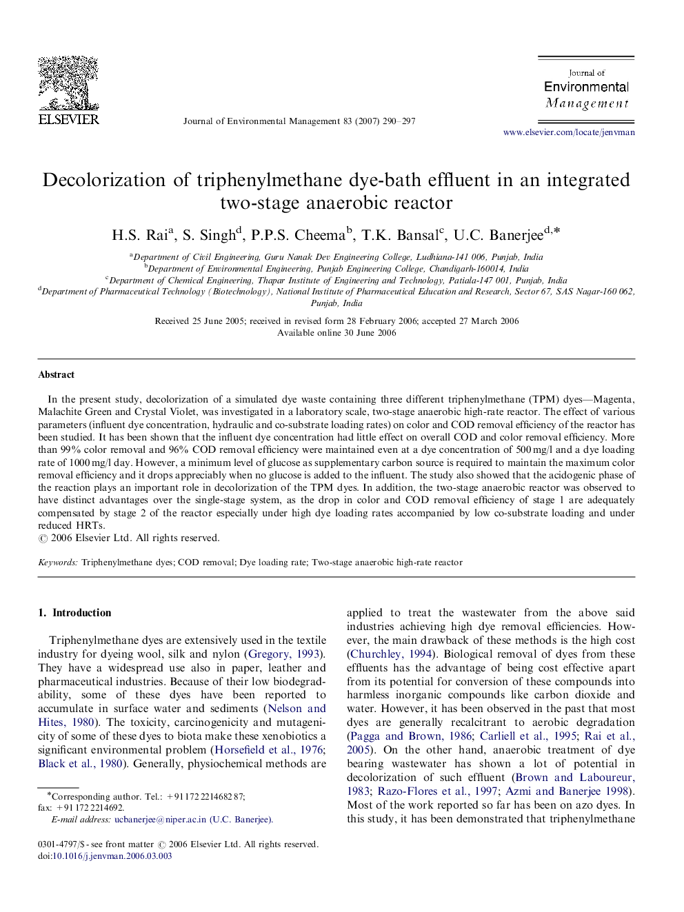 Decolorization of triphenylmethane dye-bath effluent in an integrated two-stage anaerobic reactor