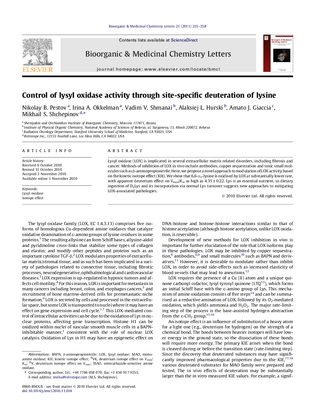 Control of lysyl oxidase activity through site-specific deuteration of lysine