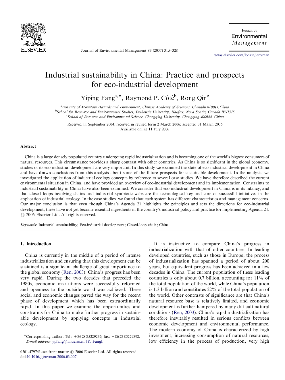 Industrial sustainability in China: Practice and prospects for eco-industrial development