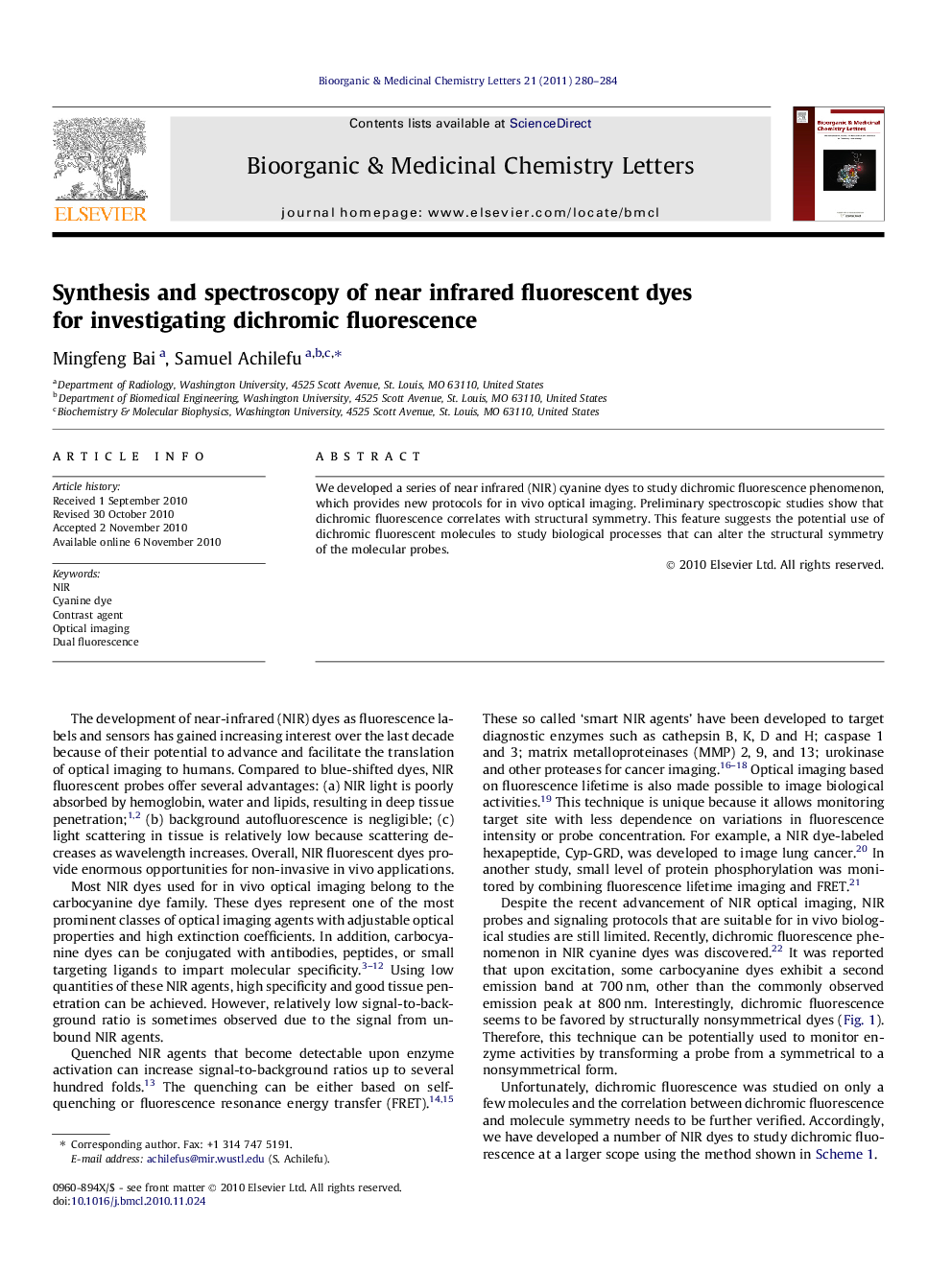 Synthesis and spectroscopy of near infrared fluorescent dyes for investigating dichromic fluorescence