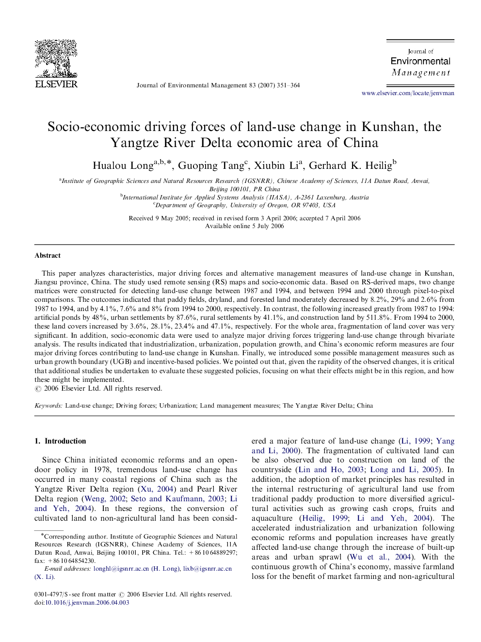 Socio-economic driving forces of land-use change in Kunshan, the Yangtze River Delta economic area of China