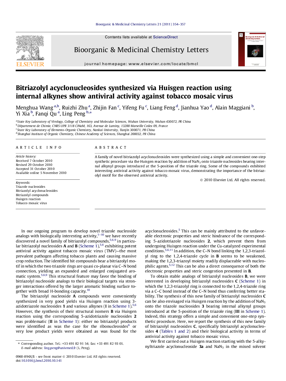 Bitriazolyl acyclonucleosides synthesized via Huisgen reaction using internal alkynes show antiviral activity against tobacco mosaic virus