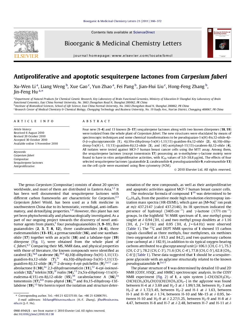 Antiproliferative and apoptotic sesquiterpene lactones from Carpesium faberi