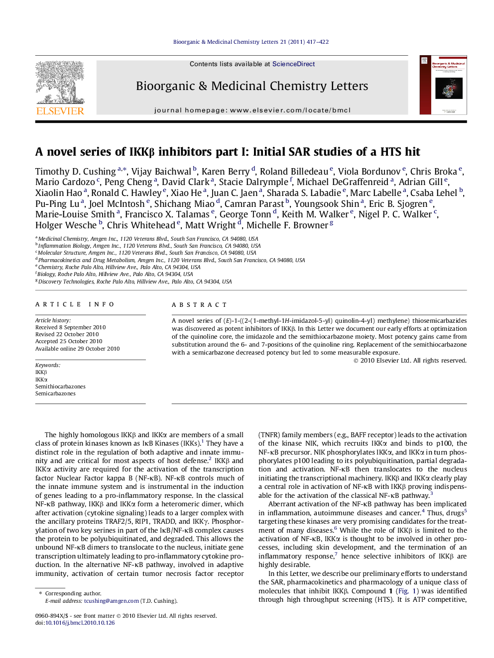 A novel series of IKKÎ² inhibitors part I: Initial SAR studies of a HTS hit