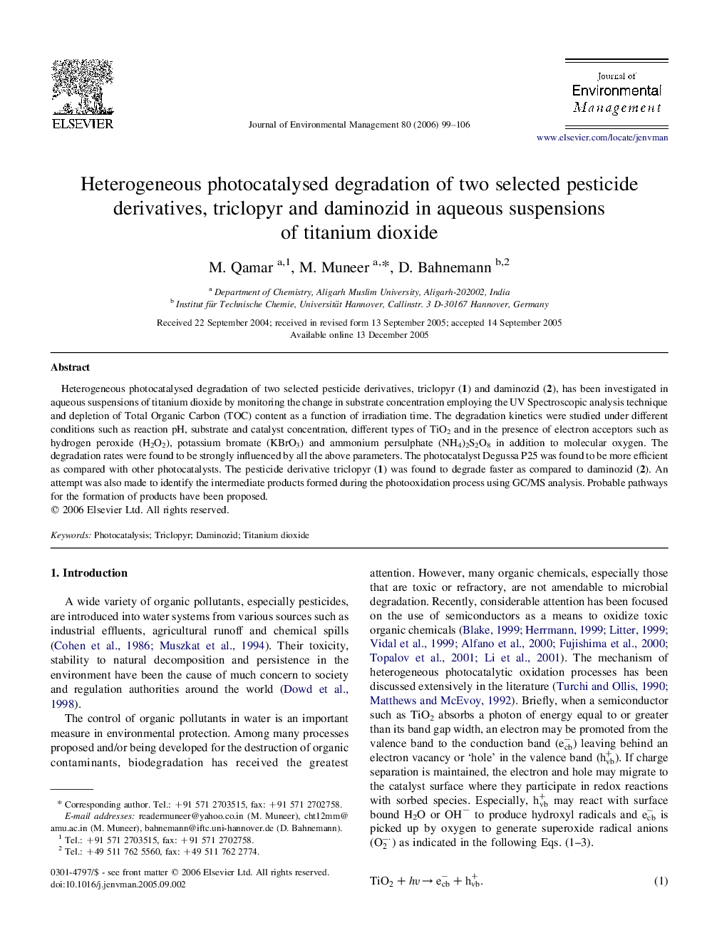 Heterogeneous photocatalysed degradation of two selected pesticide derivatives, triclopyr and daminozid in aqueous suspensions of titanium dioxide