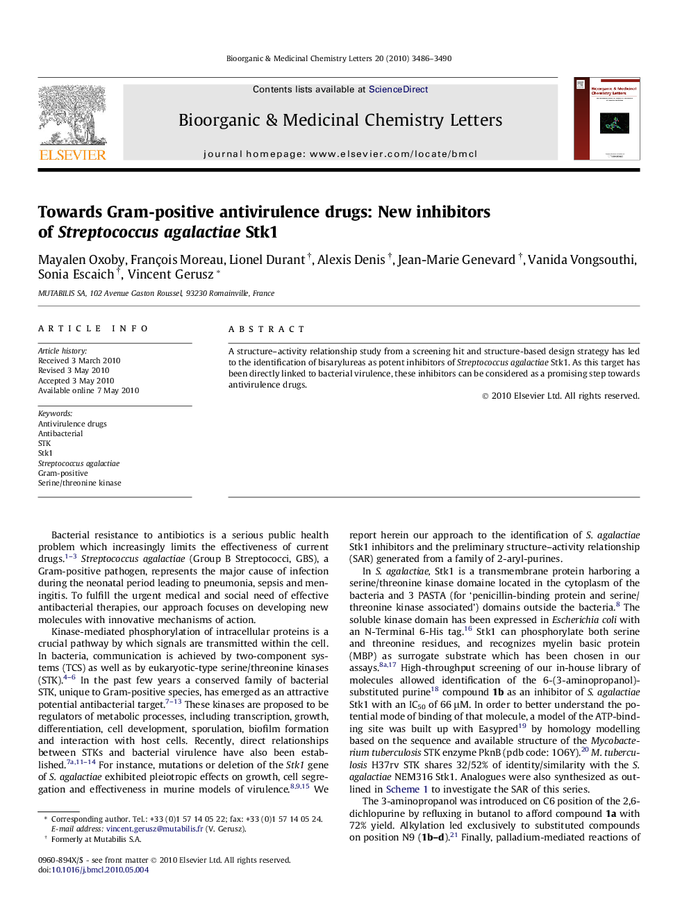 Towards Gram-positive antivirulence drugs: New inhibitors of Streptococcus agalactiae Stk1