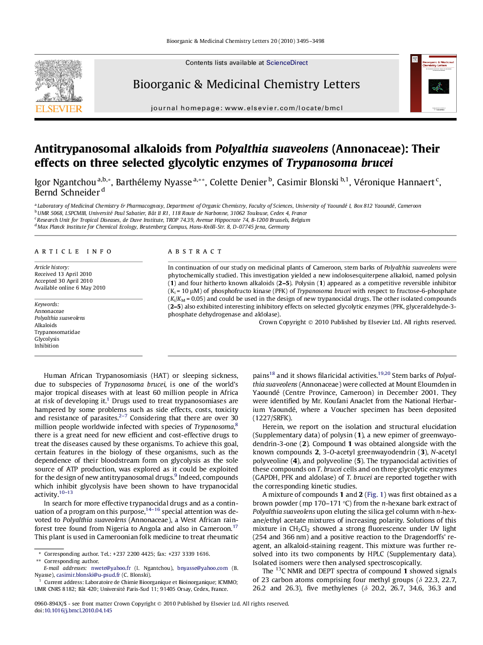 Antitrypanosomal alkaloids from Polyalthia suaveolens (Annonaceae): Their effects on three selected glycolytic enzymes of Trypanosoma brucei