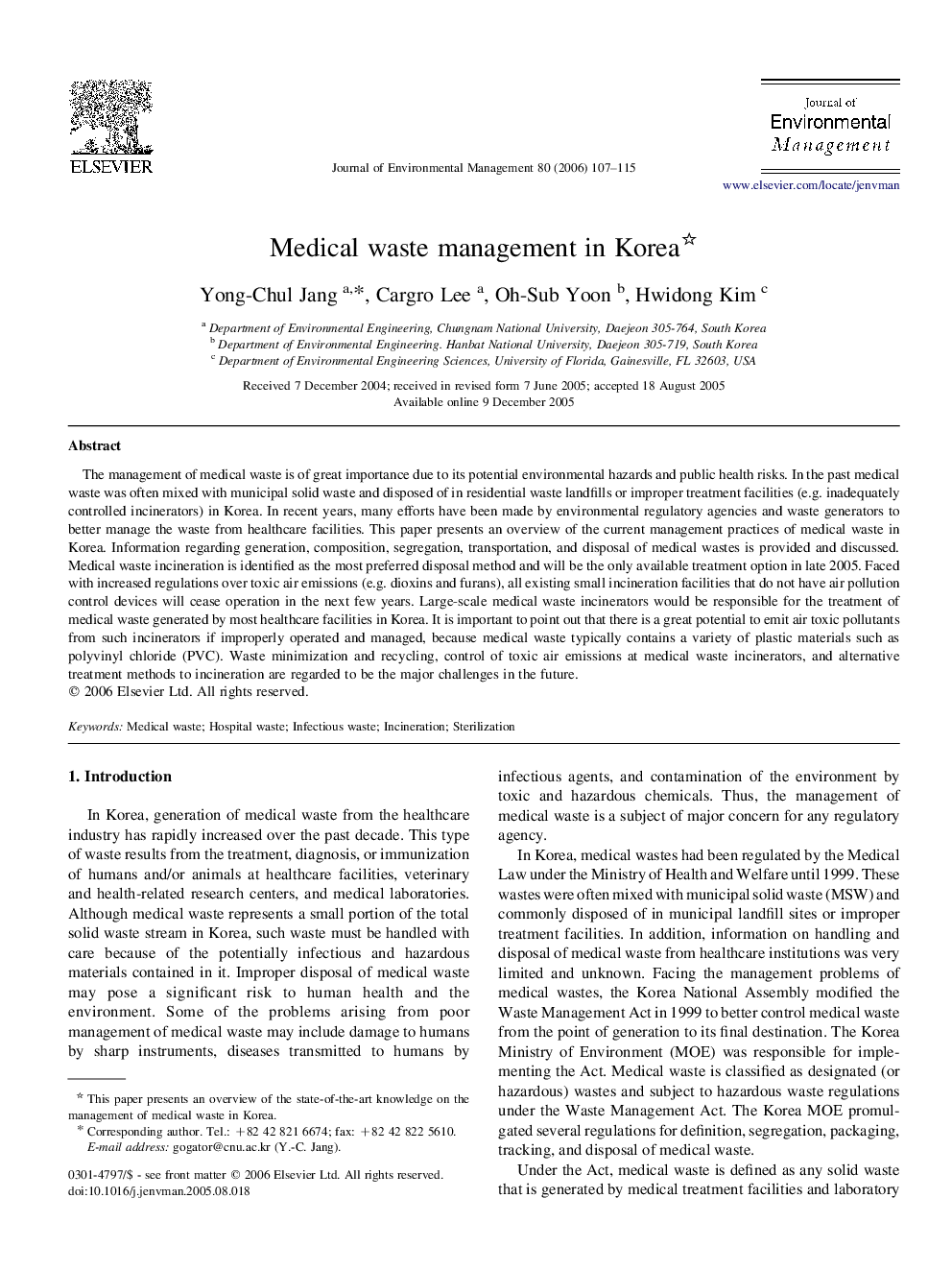 Medical waste management in Korea 