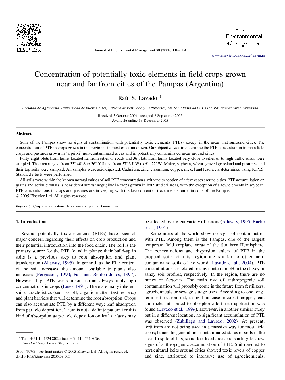 Concentration of potentially toxic elements in field crops grown near and far from cities of the Pampas (Argentina)