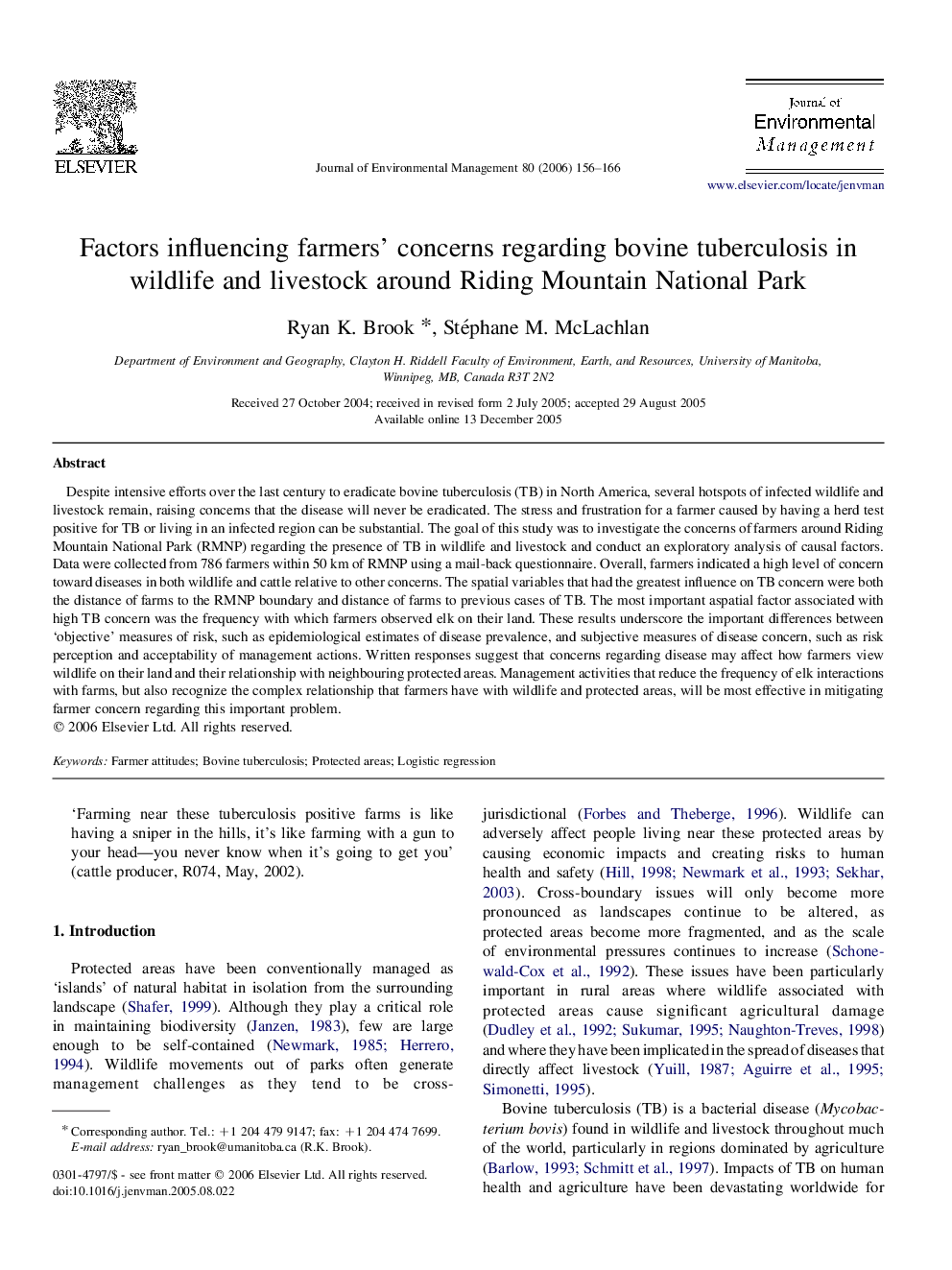 Factors influencing farmers' concerns regarding bovine tuberculosis in wildlife and livestock around Riding Mountain National Park