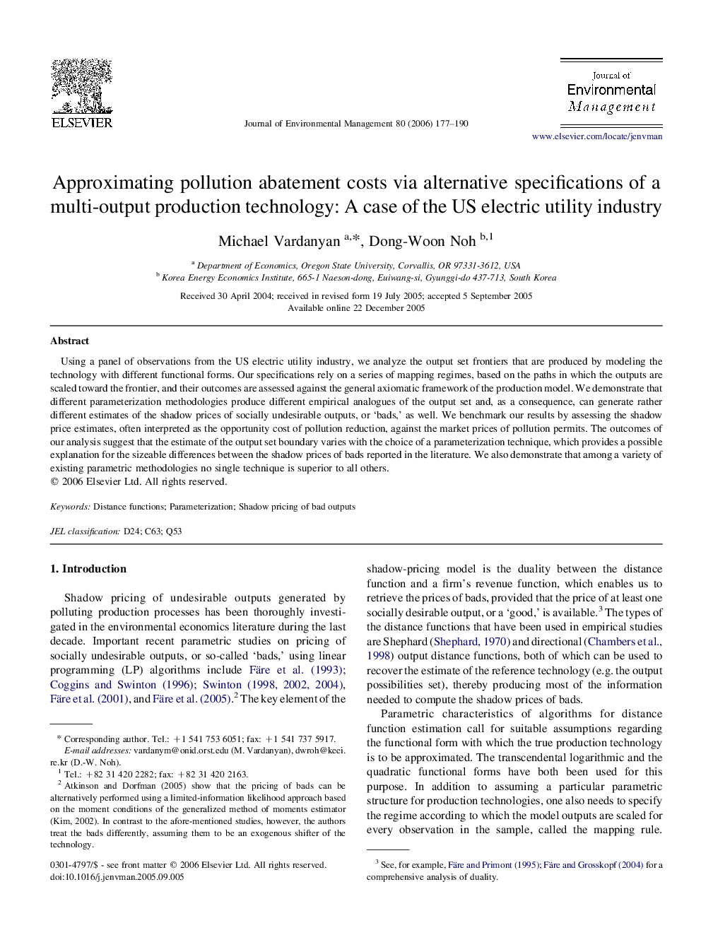 Approximating pollution abatement costs via alternative specifications of a multi-output production technology: A case of the US electric utility industry