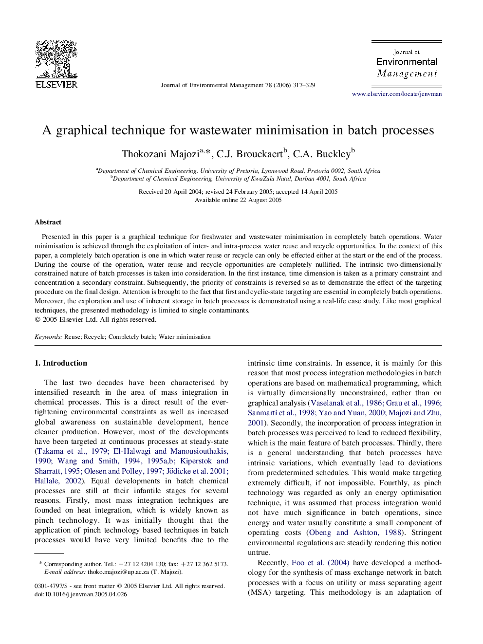 A graphical technique for wastewater minimisation in batch processes