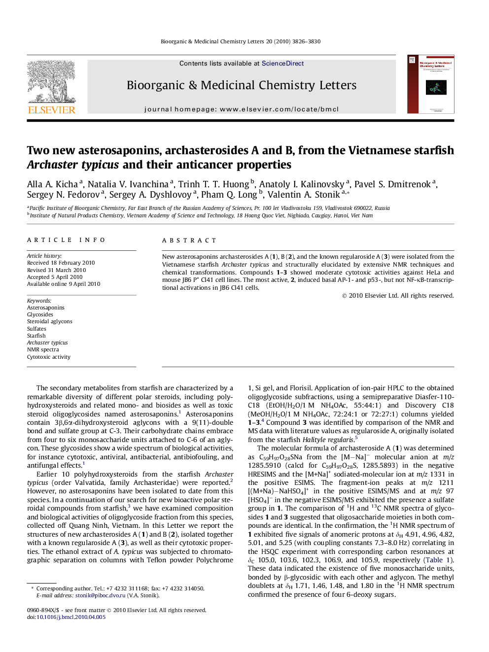 Two new asterosaponins, archasterosides A and B, from the Vietnamese starfish Archaster typicus and their anticancer properties