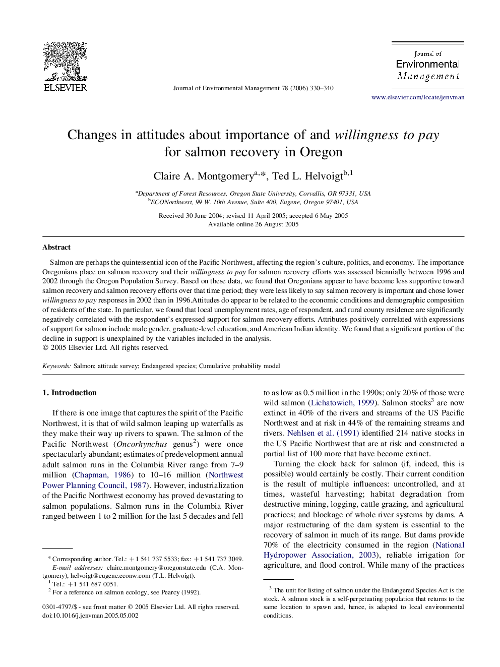 Changes in attitudes about importance of and willingness to pay for salmon recovery in Oregon